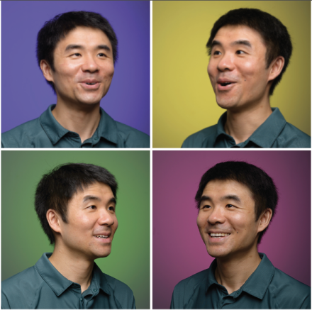 A grid of four headshots of a male faculty member against different colored backgrounds